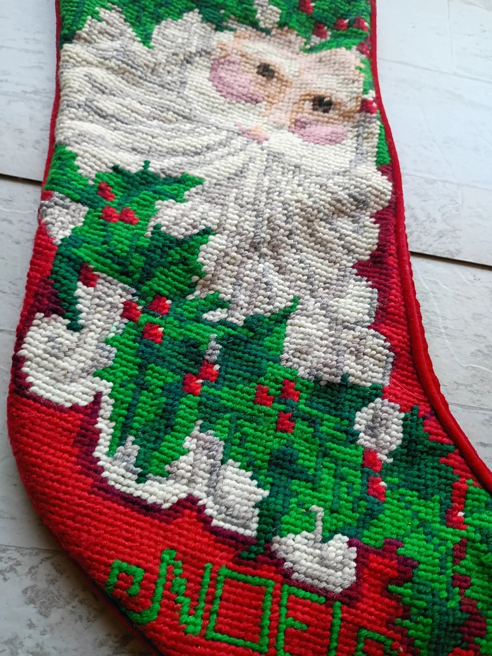 Vintage Needlepoint Handmade Christmas Stocking Santa NOEL 18”
